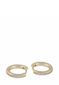 Guldörhängen med en slät, rundad design och en rad klara kristaller längs en kant för extra detaljer.