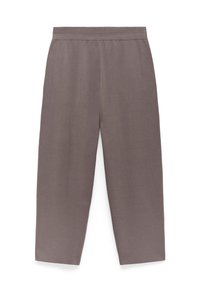 Losse rechte broek in gedempt mauve met een elastische tailleband, plat weergegeven op een witte achtergrond.