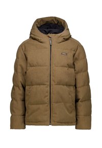 Braune gesteppte Jacke mit Kapuze, versehen mit horizontaler Rippstruktur, einem Reißverschluss vorne und einem Logolabel auf der Brust.