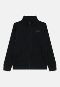 Juodas zip-up megztinis, pagamintas iš minkštos medvilnės mišinys, su aukštu apykakle, dviem priekinių kišenėmis ir mažuoju logotipu kairiajame krūtinės kampe.
