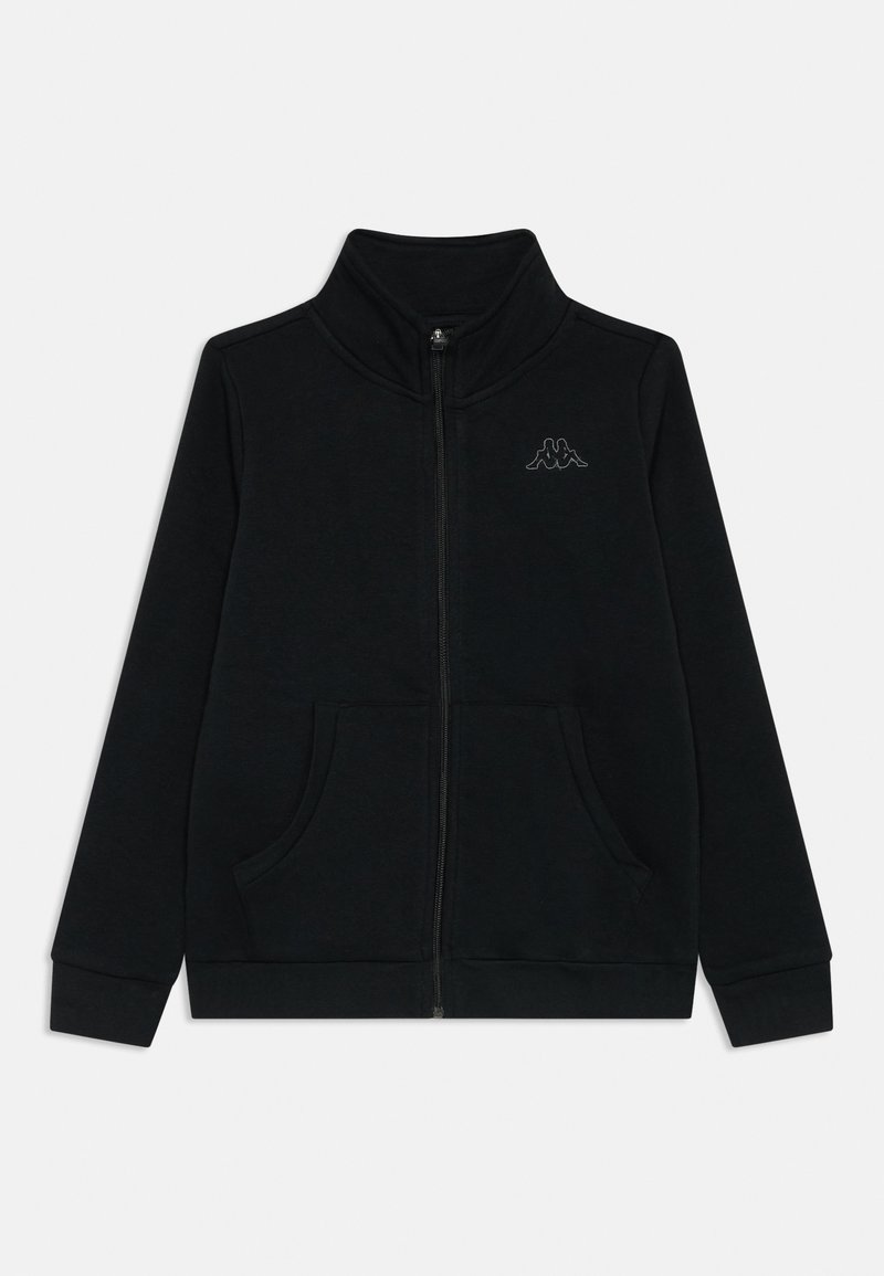 Svarte zip-up hettegenser laget av myk bomullblanding, med høy krage, to frontlommer, og en liten logo på venstre bryst.