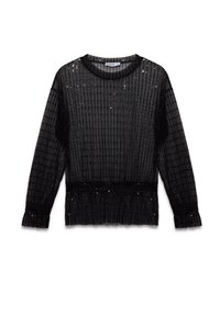 Suéter negro transparente de manga larga con textura acanalada vertical y detalles con lentejuelas. Presenta un escote redondo y puños y dobladillo acanalados.