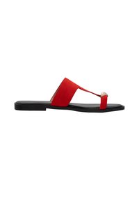 Red suede thong sandals with a gold accent on the strap, flat black sole, and open design. Suitable for casual wear.