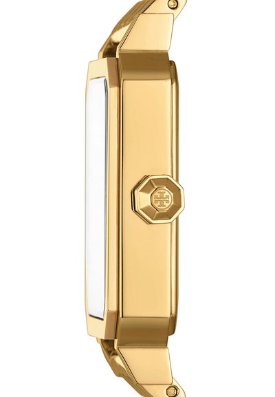 Profilo laterale in tonalità oro di un orologio da polso rettangolare con corona con logo geometrico e bordo bianco del quadrante.