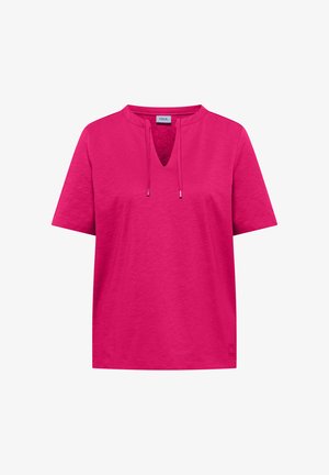 Jasně růžová krátká košile s krátkým rukávem, výstřihem do V a límcem se šňůrkou, jednobarevný design a malá štítek značky uvnitř u krku.