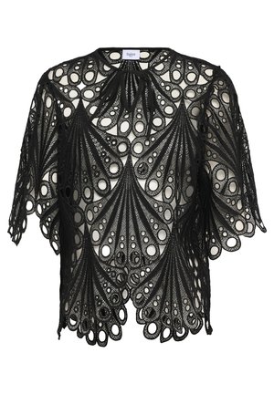 Zwarte kanten top met een ingewikkeld ontwerp en grote ronde uitsparingen, korte mouwen en een ronde hals. Geweven, luchtige stof.