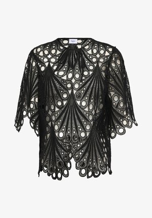 Schwarzes Spitzenoberteil mit einem kunstvollen Design und großen runden Ausschnitten, kurzen Ärmeln und einem runden Ausschnitt. Strukturierter, luftiger Stoff.