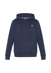 Navy blue hooded sweatshirt made of fabric with a ribbed texture, featuring a front pocket and a small logo on the left chest.