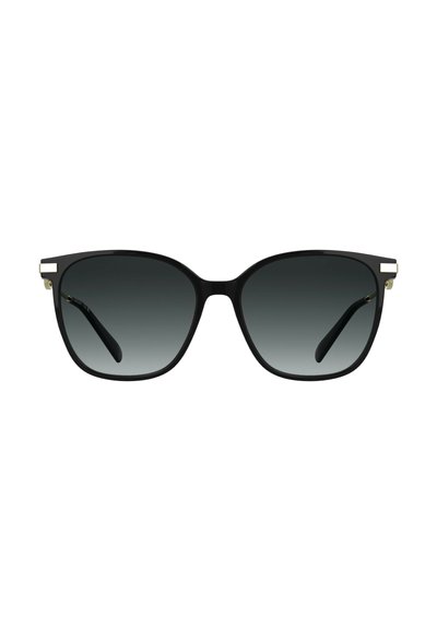 Lunettes de soleil noires de forme œil de chat, verres dégradés gris, avec des accents dorés subtils sur les charnières. Monture en plastique lisse et finition brillante.