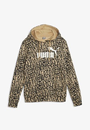 Beige en zwart gemêleerde Puma hoodie met een kangoeroezak, verstelbare capuchon met trekkoord en een wit Puma-logo in het midden van de borst.