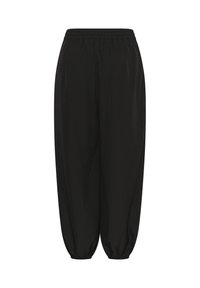 Pantalon noir à coupe ample avec taille élastique et poignets élastiques froncés aux chevilles, présenté sur un fond blanc.