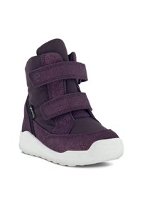 Stivale in tessuto viola con due strap in velcro, una finitura testurizzata e una suola in gomma bianca. Presenta un collare imbottito per il comfort.