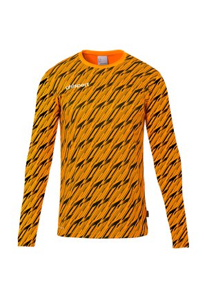 Oranje sportshirt met lange mouwen met zwart diagonaal streeppatroon en "uhlsport"-logo op de bovenste rechterborst.