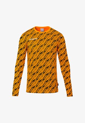 Maillot de sport orange à manches longues avec un motif à rayures diagonales noires et le logo « uhlsport » sur la partie supérieure droite de la poitrine.
