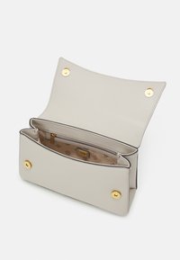 Borsa a mano in pelle grigia chiara con una texture liscia, hardware dorato e due bottoni a pressione. L'interno presenta una tasca con zip e un motivo sottile.