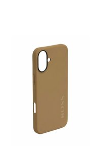 Bruine siliconen telefoonhoes met zwarte uitsparing voor de camera, zijknop en reliëf "BOSS" logo. Gladde textuur, minimalistisch ontwerp.