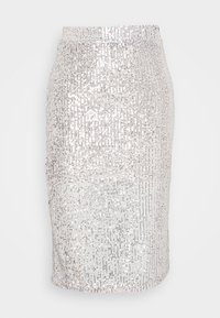 Silverfärgad paljett midi-kjol med en figurnära passform, försedd med ett stretchigt midjeband och ett vertikalt randigt mönster av reflekterande paljetter.