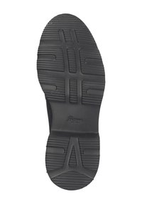 Semelle de chaussure en caoutchouc noir avec des motifs de texture et un talon renforcé. Comprend des rainures horizontales et verticales pour l'adhérence.