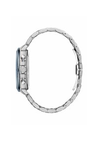 Silver stainless steel watch with a blue bezel, a rectangular case, and a polished link bracelet design. Features two pushers and a clasp.