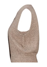 Débardeur en tricot beige avec un design sans manches, de larges emmanchures et une texture côtelée le long de l'encolure et de l'ourlet inférieur.