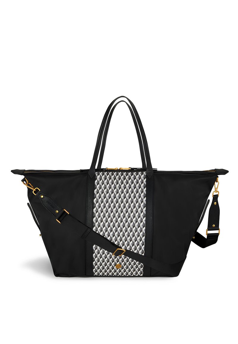 Borsa tote nera con pannello centrale a motivo geometrico, doppi manici superiori e tracolla regolabile con hardware dorato.