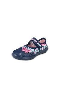 Marine bloemen schoenen met een glinsterende afwerking, voorzien van een roze vlinderaccent, dubbele klittenbandsluitingen en een stevige rubberen zool.