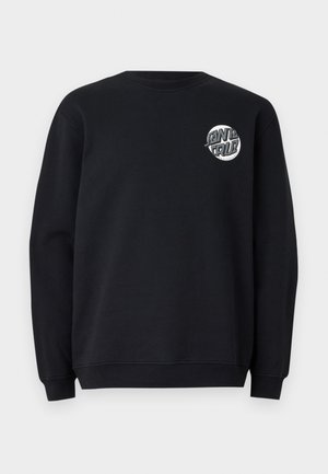 Black sweatshirt featuring a round graphic logo on the left chest. Simple crew neckline, ribbed cuffs, and hem in a smooth fabric.