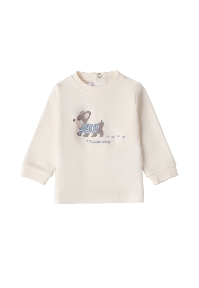 Camicia a maniche lunghe di colore crema realizzata in tessuto morbido, con un gattino illustrato e giocoso che indossa una camicia a righe blu e impronte di zampe.