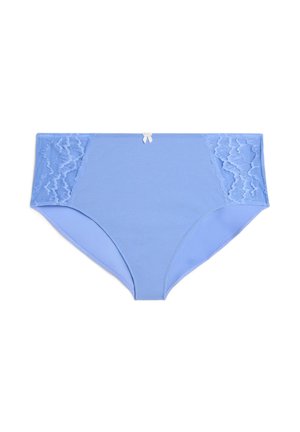 Light blue high-waisted underwear with lace side panels and a small white bow detail at the center front. Smooth texture overall.