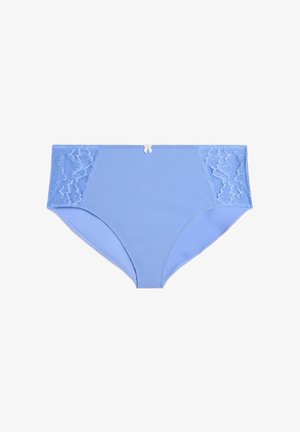 Culotte taille haute bleu clair avec panneaux latéraux en dentelle et petit nœud blanc au centre devant. Texture lisse dans l'ensemble.