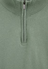 Pull-over tricoté vert clair avec un col montant côtelé et une demi-fermeture éclair. Texture douce avec un léger éclat, présentant des coutures noires le long de la fermeture éclair.