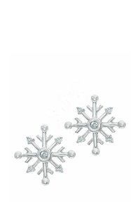 Hopeaketju hopeanväriseksi lumihiutaleena, jossa on monimutkainen muotoilu, kirkas keskitason kivi, lisä pieniä kiviä ja pallomaisia koristeita.