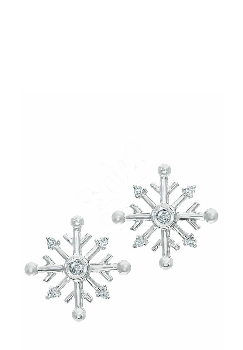 Hopeaketju hopeanväriseksi lumihiutaleena, jossa on monimutkainen muotoilu, kirkas keskitason kivi, lisä pieniä kiviä ja pallomaisia koristeita.