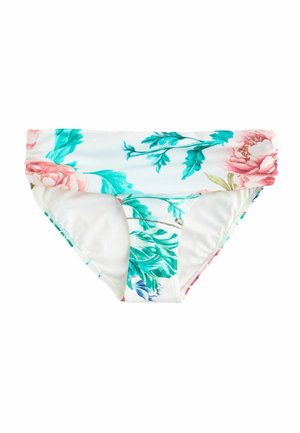 Blomstret bikini-bund med hvid bundfarve, pink og teal blomsterdesign, samlet talje og glat stofstruktur.