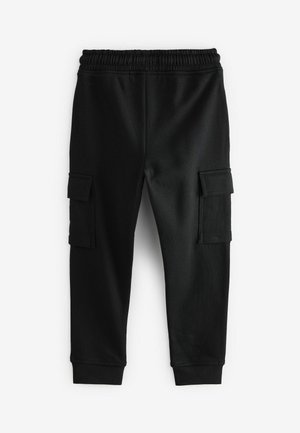 Black cargo pants with elastic waistband, featuring two side pockets and tapered cuffs. Made from soft, smooth fabric.