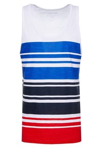 Ärmlös top i vitt, blått, marinblått och röda horisontella ränder. Gjord av mjukt tyg med en avslappnad passform och rundad halsringning.