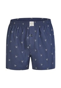 Námořnické boxerky s vzorováním malých bílých ptáčků, elastický pas a přední zapínání na knoflík. Měkká tkanina.