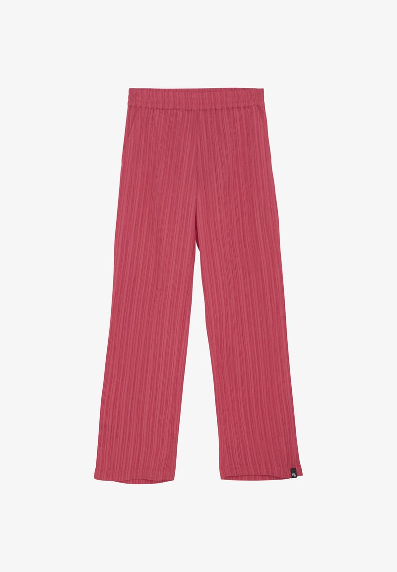 Spodnie o szerokich nogawkach z teksturowanej, miękkiej różowej tkaniny. Posiadają elastyczny pas i pionowy prążkowany wzór. Metka widoczna na końcu nogawki.