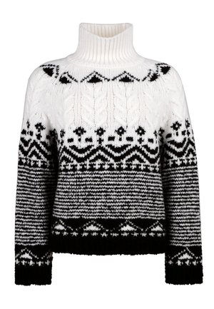 Chunky knit sweater with a high ribbed turtleneck. Features black and white geometric patterns, with a textured, layered design.