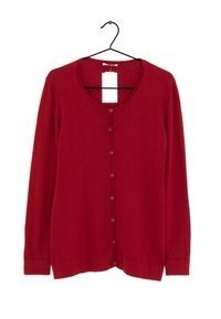 Cardigan lungo rosso a maniche lunghe realizzato in tessuto a maglia, con scollatura rotonda e chiusura frontale con bottoni abbinati lungo la patta.