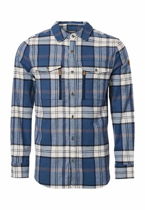 Koszula w kratę w kolorach niebieskim, białym i szarym z długim rękawem, zapinana na guziki, z dwiema kieszeniami na piersi z patkami i dwoma pionowymi kieszeniami na zamek.