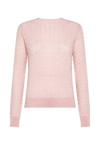 Maglione lavorato a maglia rosa chiaro con design a cavo, scollo rotondo e maniche lunghe. Bordo e polsini a costine. Texture morbida.