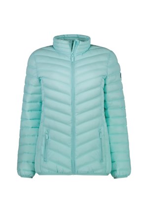 Světle modrá péřová bunda s kosočtvercovým prošíváním, vysokým límcem, předním zipem a dvěma postranními kapsami na zip. Hladký texture a přiléhavý střih.