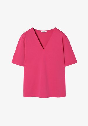 Roosa lühikeste varrukatega särk sügava V-kaelusega. Valmistatud siledast kangast, lõdva lõikega ja minimaalsete õmbluse detailidega.