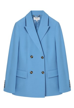 Světle modré dámské dvouřadé sako s klopami s výřezem, se čtyřmi tmavými knoflíky vpředu a klopovými kapsami v pase.