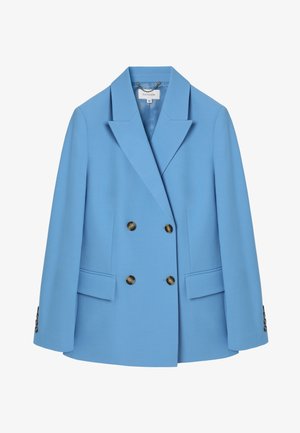 Blazer doppiopetto da donna azzurro chiaro con rever a incavo, quattro bottoni scuri sul davanti e tasche con patta in vita.
