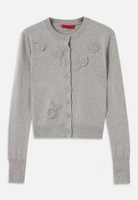 Cardigan grigio chiaro con bottoni, maniche lunghe e applicazioni floreali testurizzate sul davanti, colletto, polsini e orlo a costine.