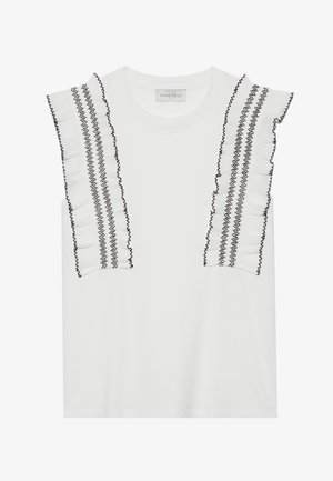 Witte top met korte mouwen, voorzien van geschulpte zwarte rand langs de schouders en decoratieve stiksels. Zachte stof met een ontspannen fit.