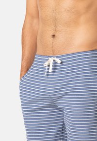 Shorts de détente rayés bleu et blanc en tissu doux, dotés d'une taille à cordon de serrage et de poches latérales.