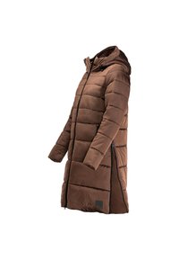 Bruine pufferjas met een capuchon. Kenmerkt zich door horizontale quiltstructuur, een rits aan de voorkant en zijzakken. Glad textuur en verlengd ontwerp.